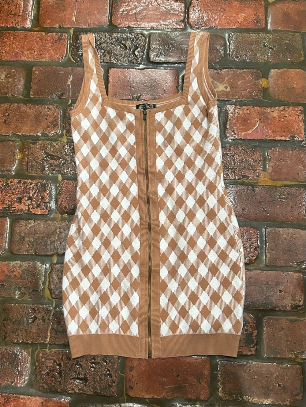 Blue Blush Beige & White Argyle Zip-Front Mini Dress